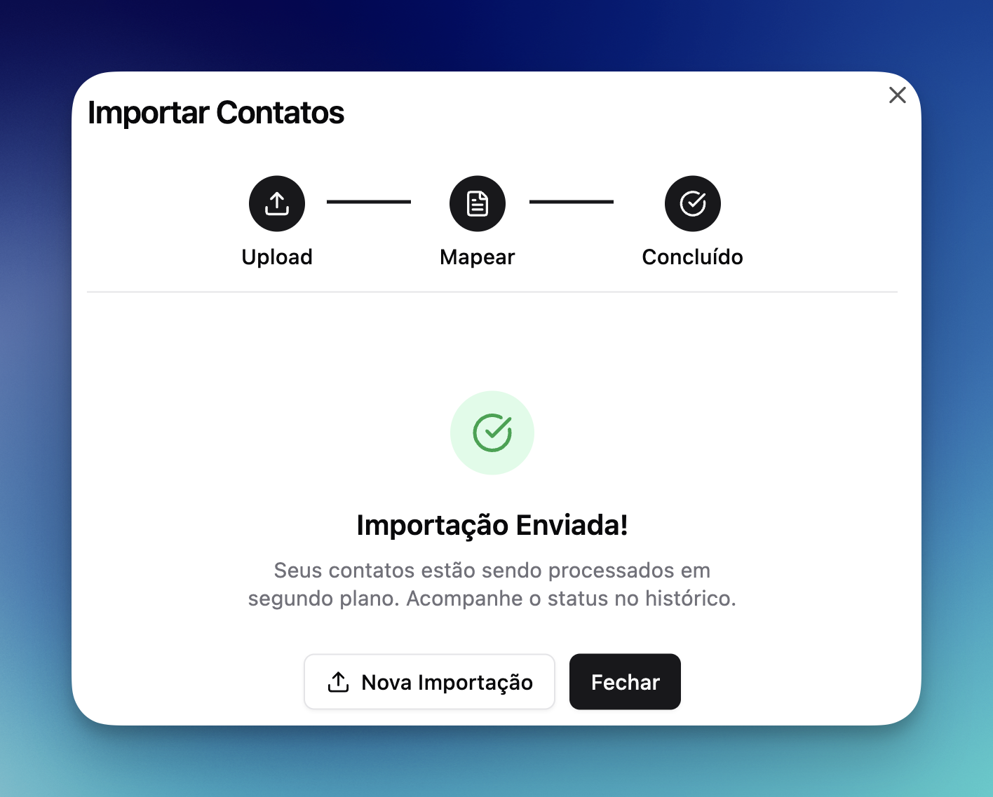 Importação de contatos concluída na LíderHub