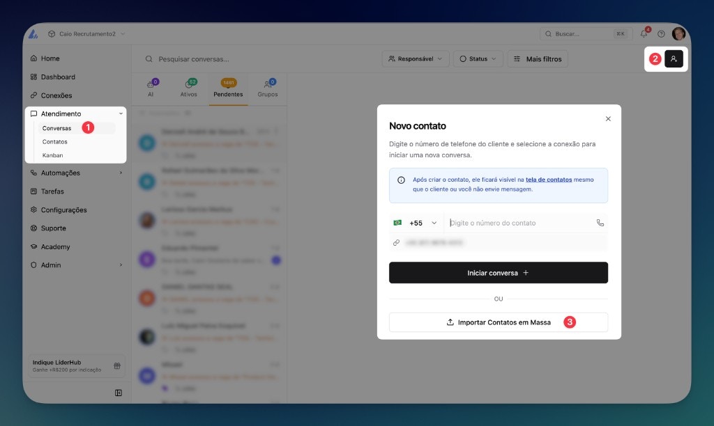 Importar contatos em massa na LíderHub