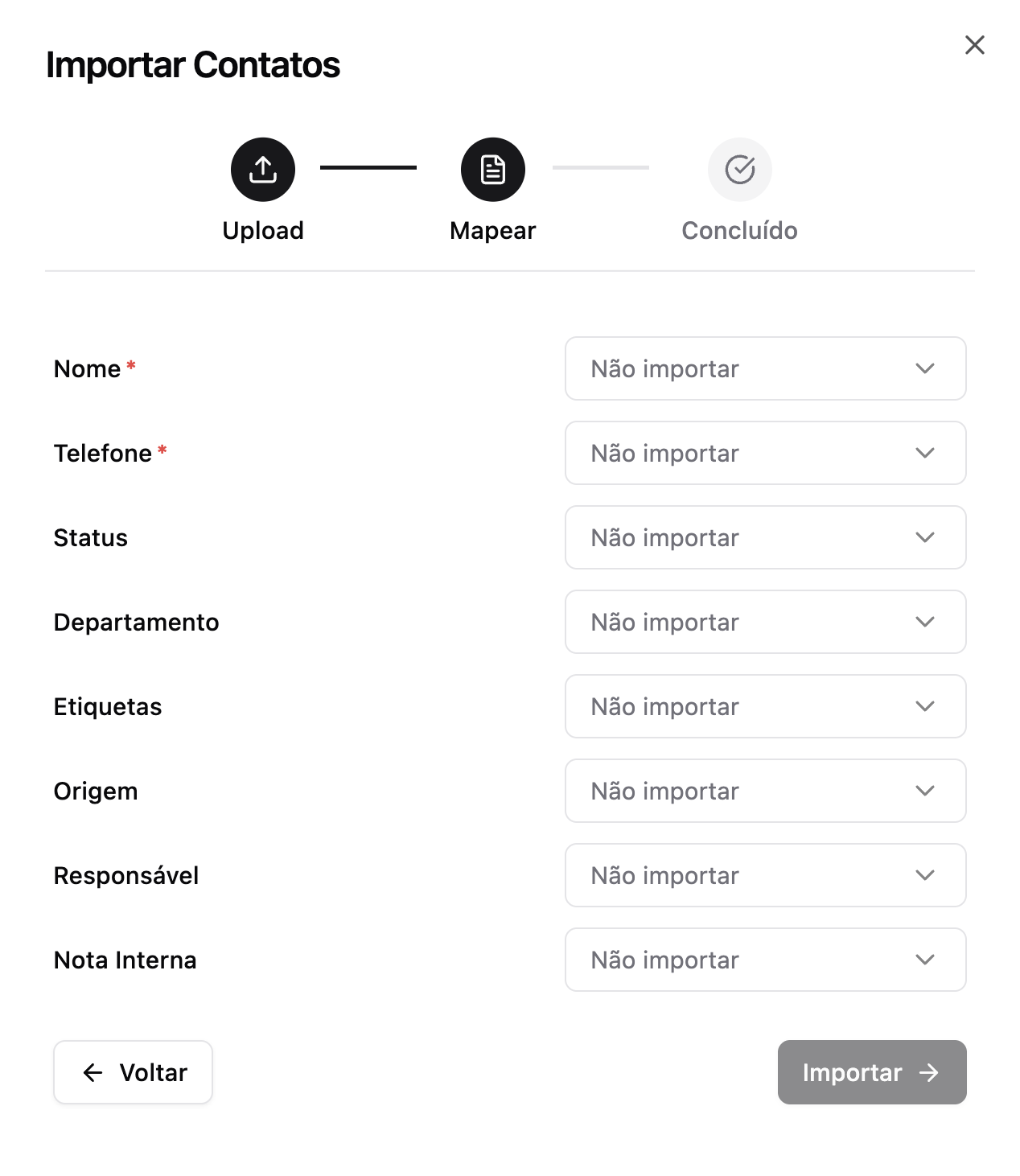 Mapeamento de colunas da planilha com propriedades da LíderHub