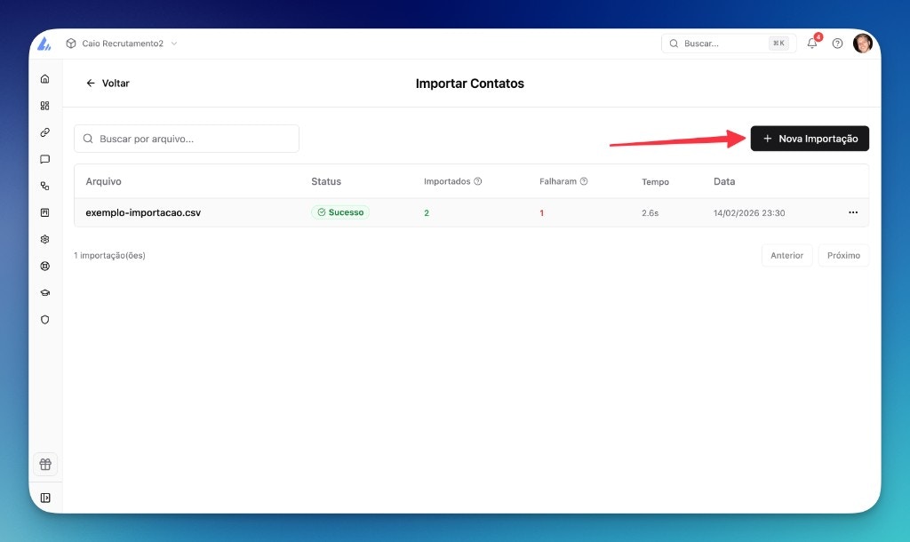 Tela de importação de contatos na LíderHub