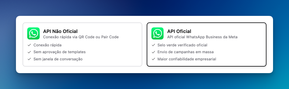 Seleção do tipo de conexão API Oficial na LíderHub