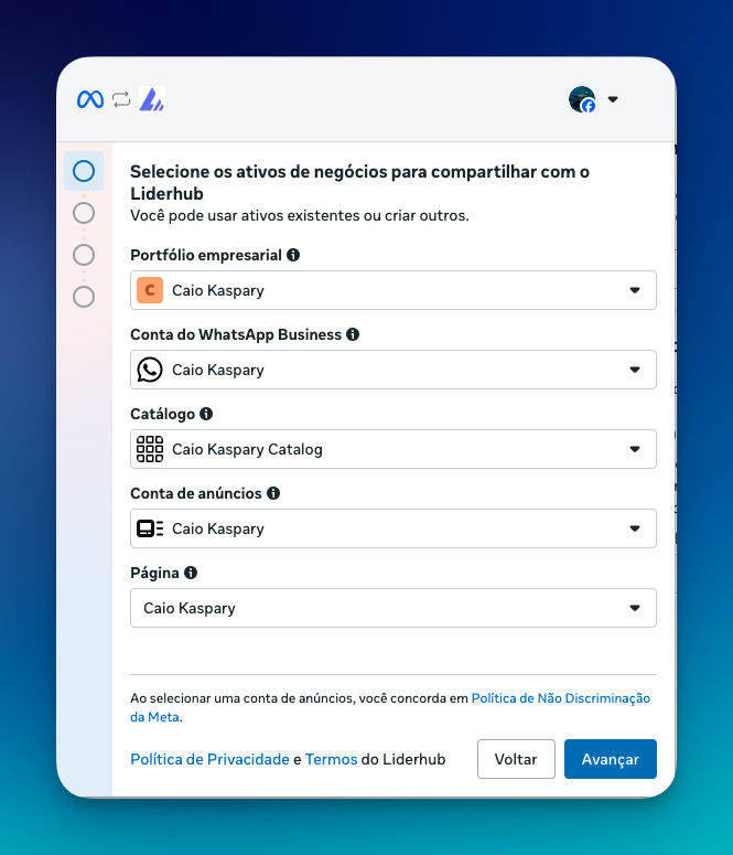 Seleção de ativos de negócios para compartilhar com a LíderHub
