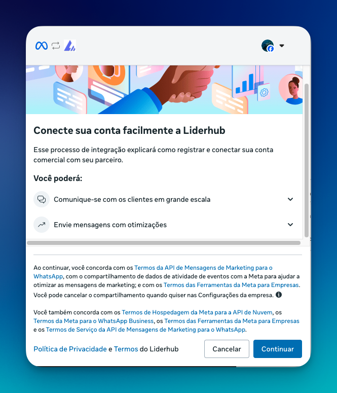 Termos de uso da Meta para integração com a LíderHub