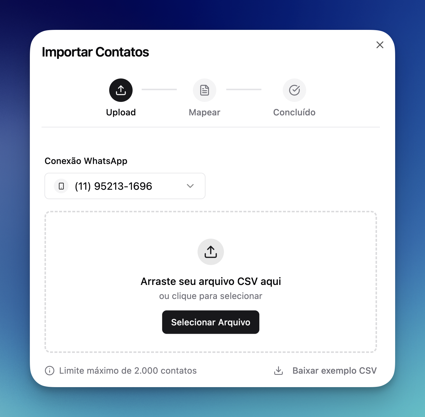Upload de arquivo CSV para importação de contatos na LíderHub