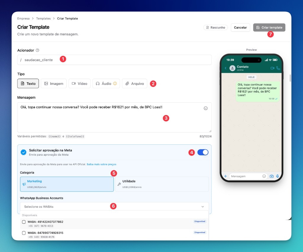 Tela de criação de template com os passos numerados para solicitar aprovação na Meta