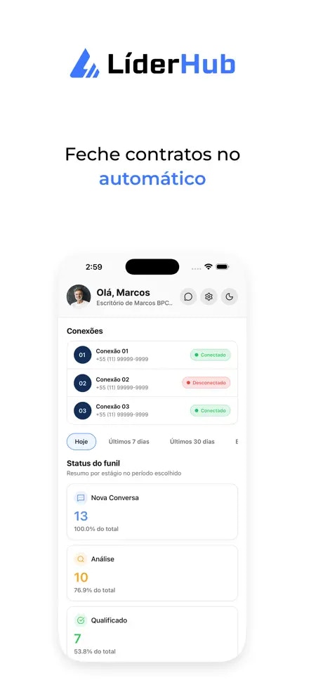 Conexões e dashboard no app LíderHub