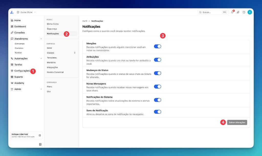Configurações de notificações na LíderHub