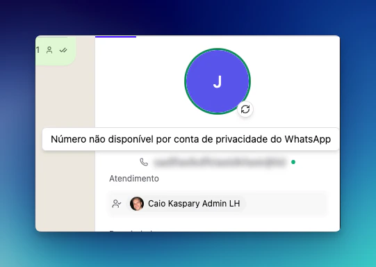 Detalhes do contato na LíderHub com número borrado e tooltip de privacidade do WhatsApp