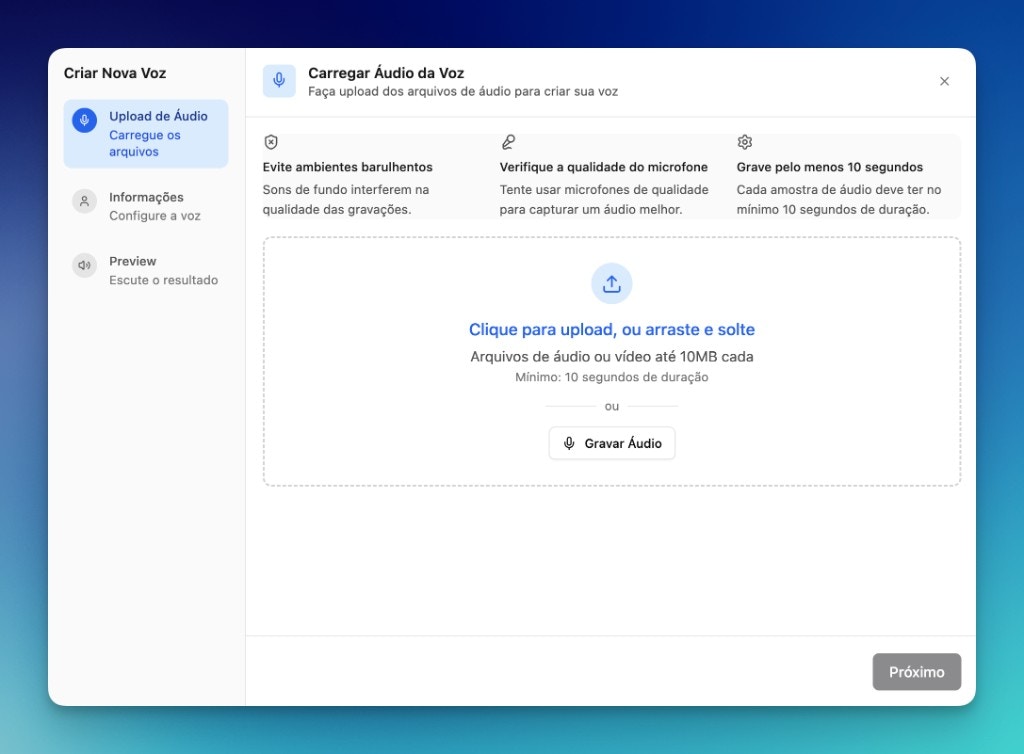 Modal Criar Nova Voz, etapa Upload de Áudio