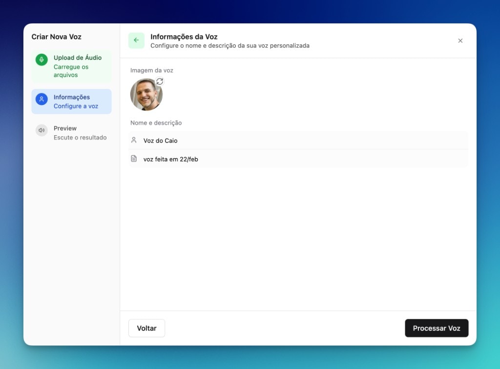 Modal Criar Nova Voz, etapa Informações: configurar nome e descrição