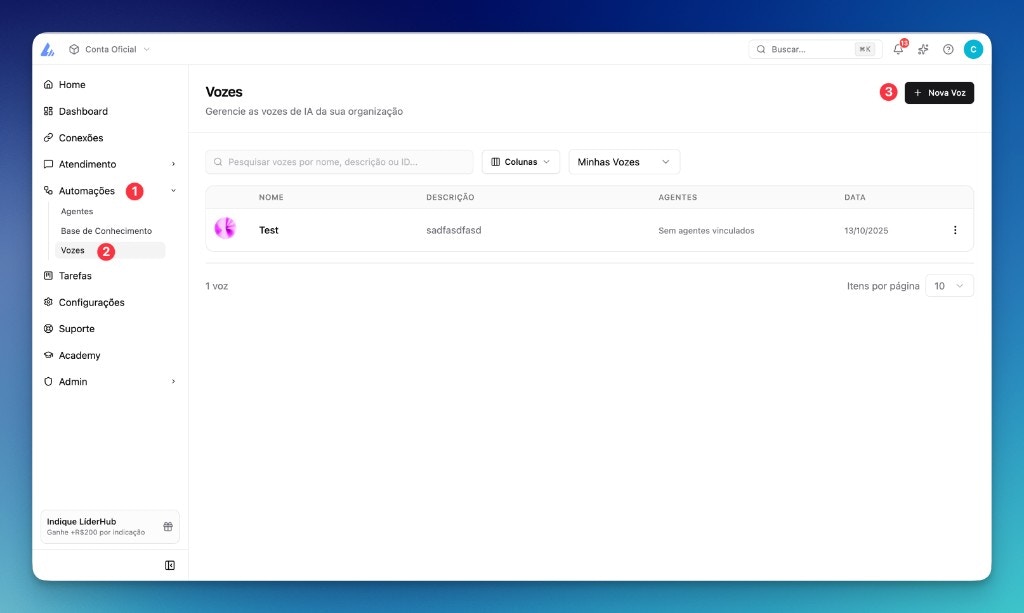 Tela Vozes na LíderHub: menu Automações, Vozes e botão Nova Voz