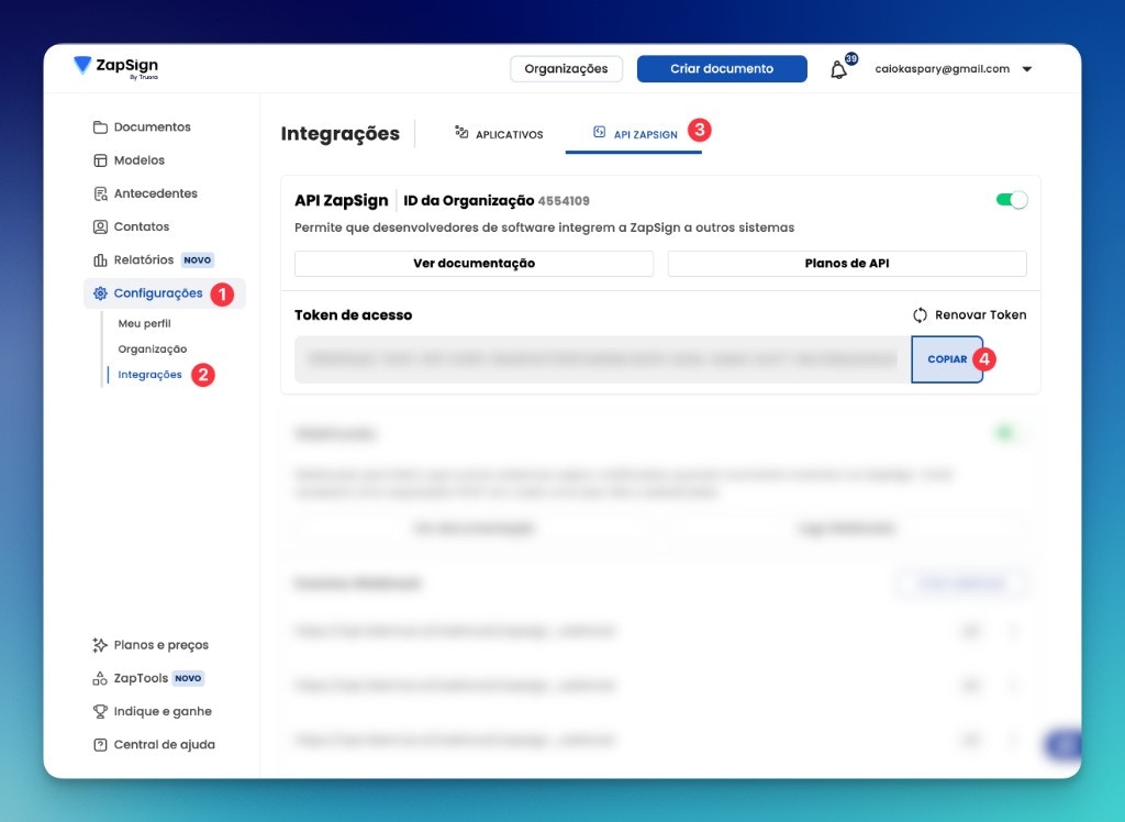 Tela da ZapSign mostrando onde copiar o token de acesso da API