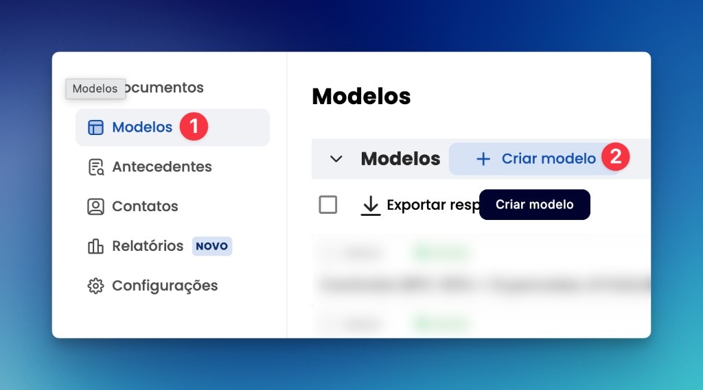 Tela da ZapSign mostrando onde clicar em Modelos e Criar modelo