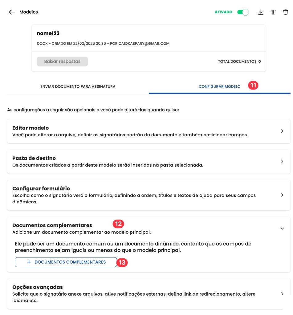 Tela de configuração de documentos complementares na ZapSign