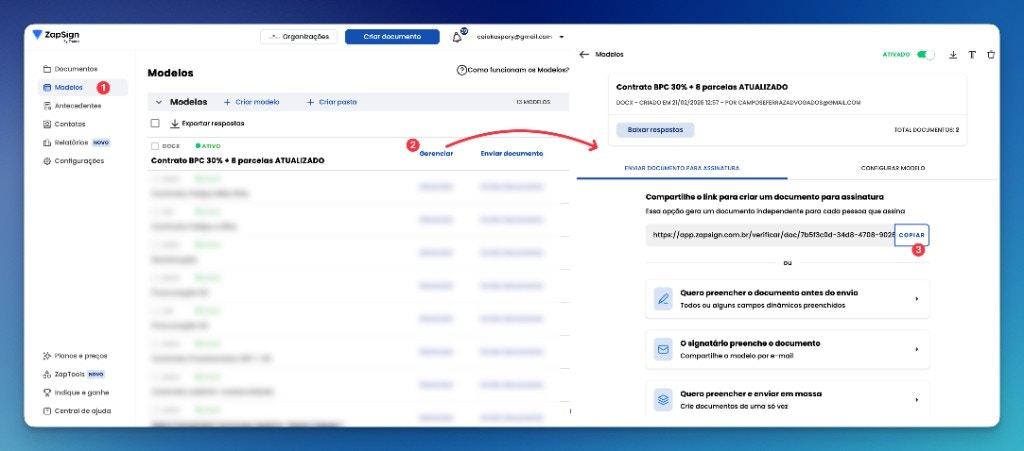 Tela de modelos da ZapSign mostrando onde copiar o link do formulário