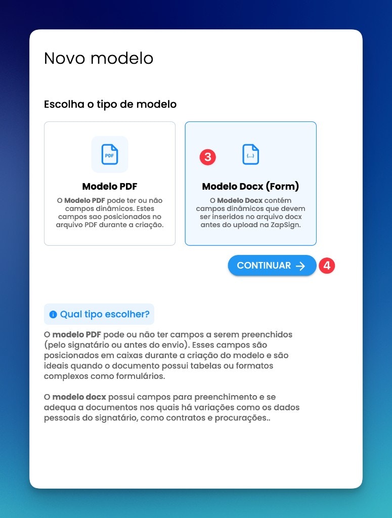 Tela de novo modelo na ZapSign com opção Modelo Docx selecionada