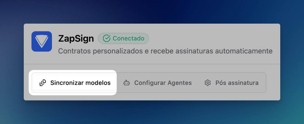 Aba Sincronizar modelos na integração ZapSign da LíderHub