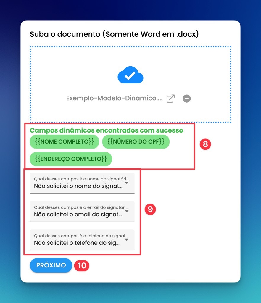 Variáveis dinâmicas detectadas e campos de signatário na ZapSign