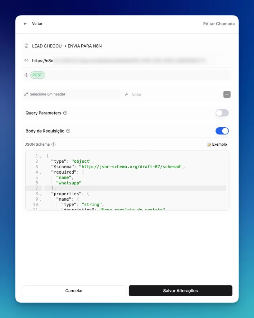 Tela de edição da Custom Tool: nome, URL, método POST e JSON Schema