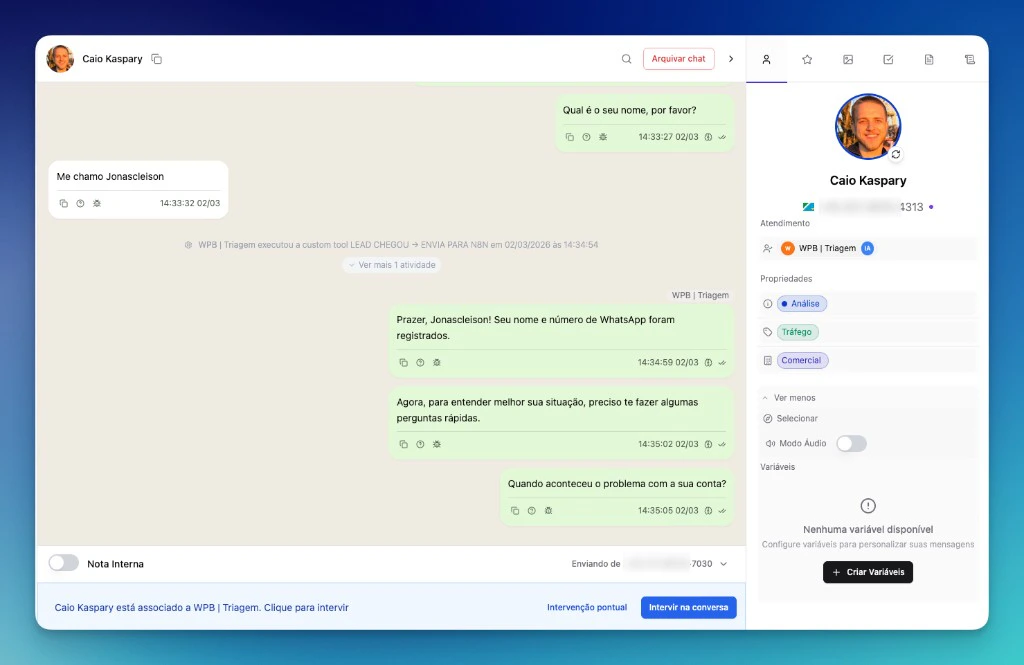 Conversa na LíderHub: agente coleta nome, registra propriedades e dispara Custom Tool