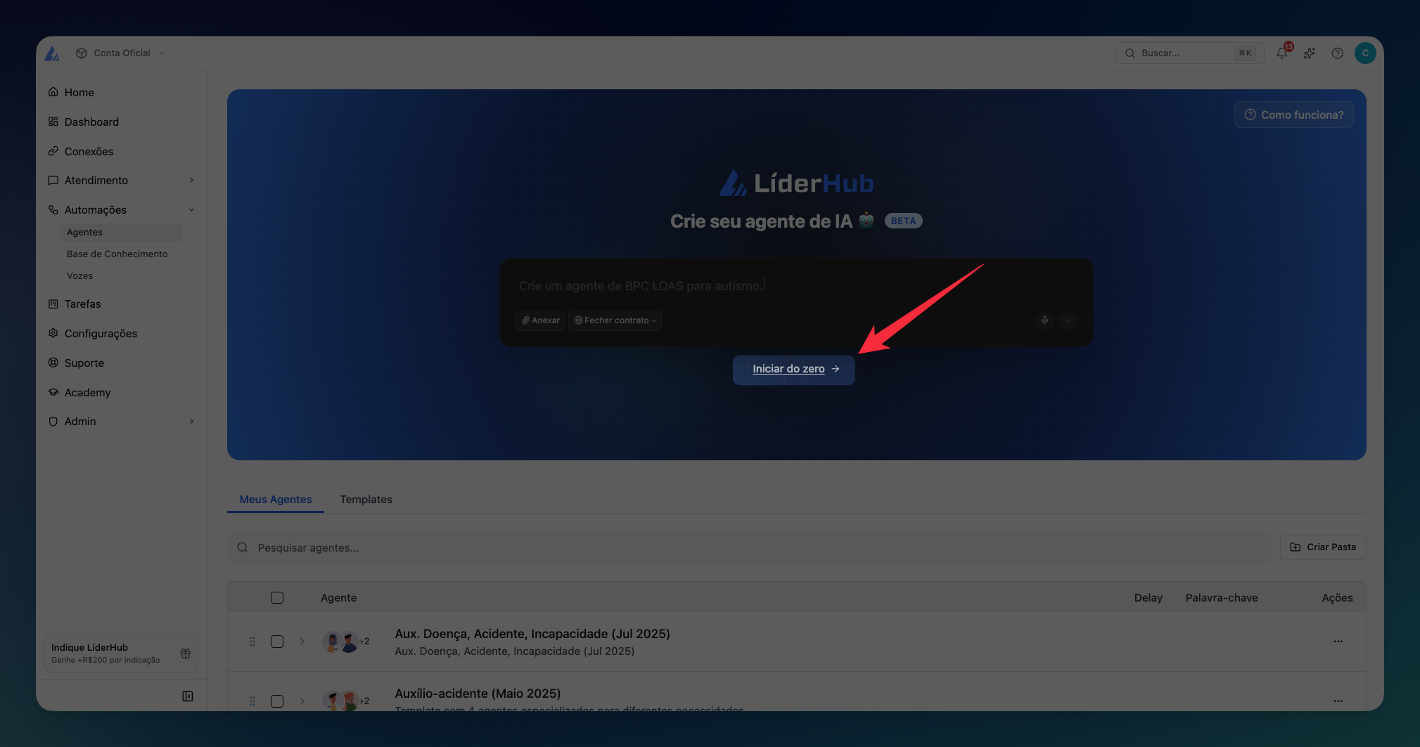 Iniciar agente do zero na LíderHub