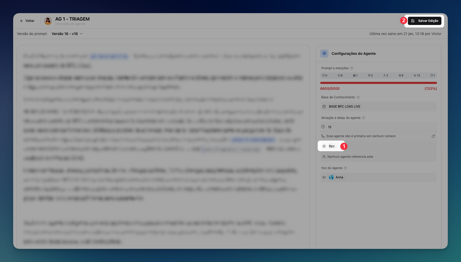 Configuração de palavra-chave no agente de IA