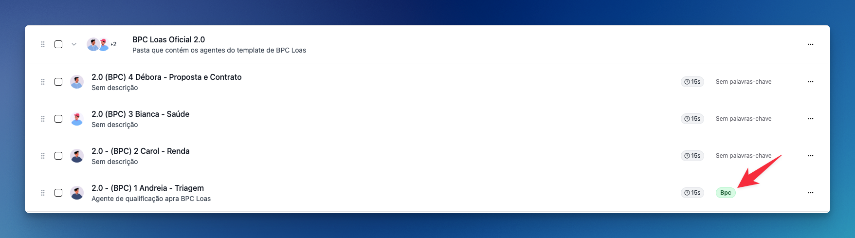 Palavras-chave configuradas no agente de IA