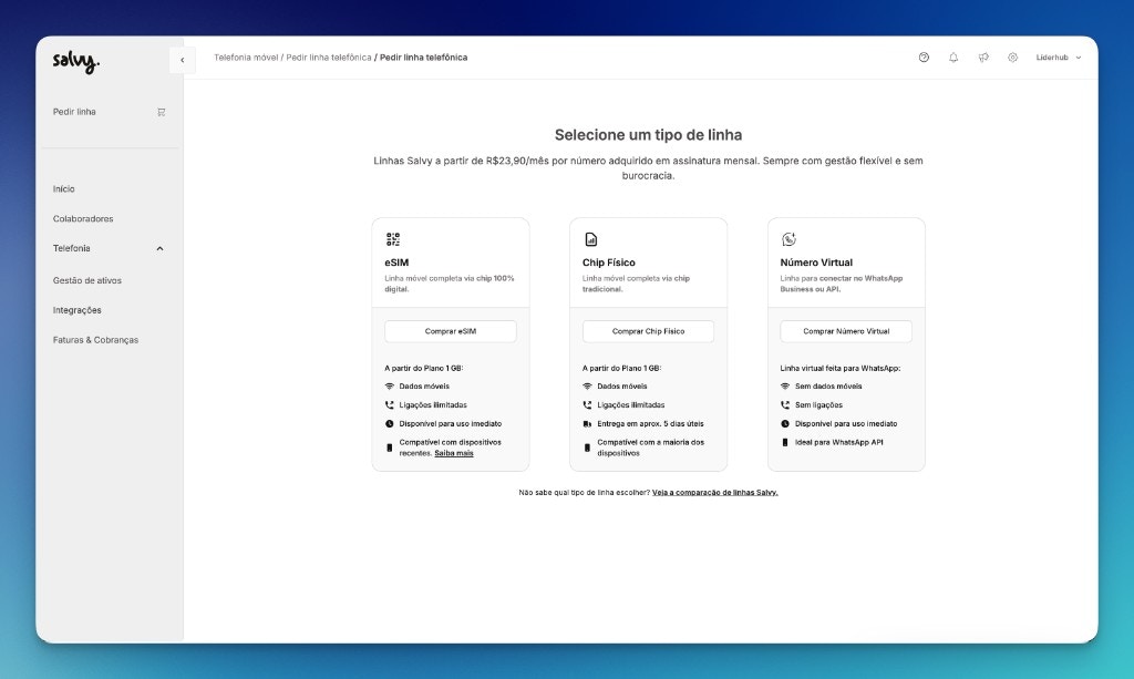 Salvy - selecionar tipo de linha