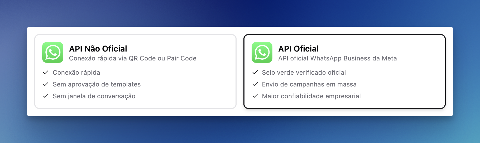 Seleção de API Oficial na tela de conexões da LíderHub