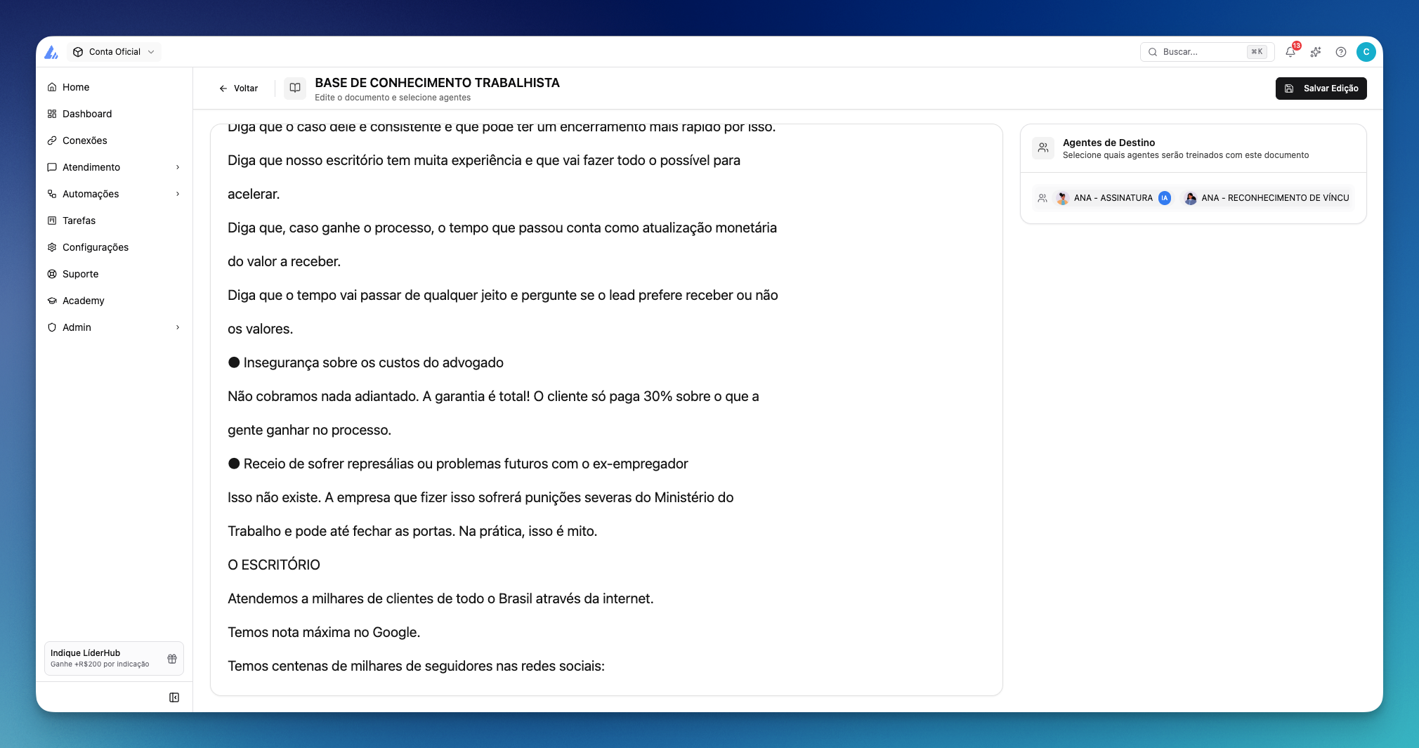 Base de Conhecimento na LíderHub