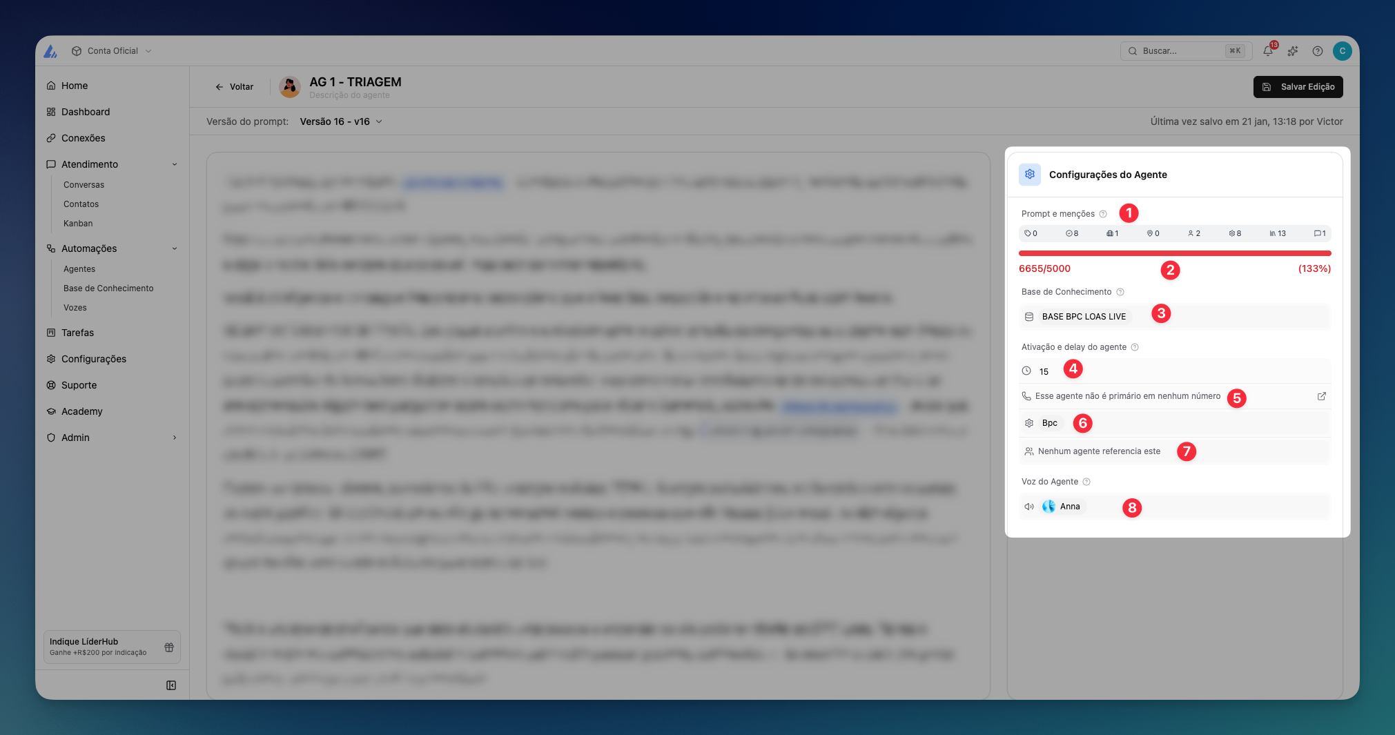 Painel de configurações do agente de IA na LíderHub