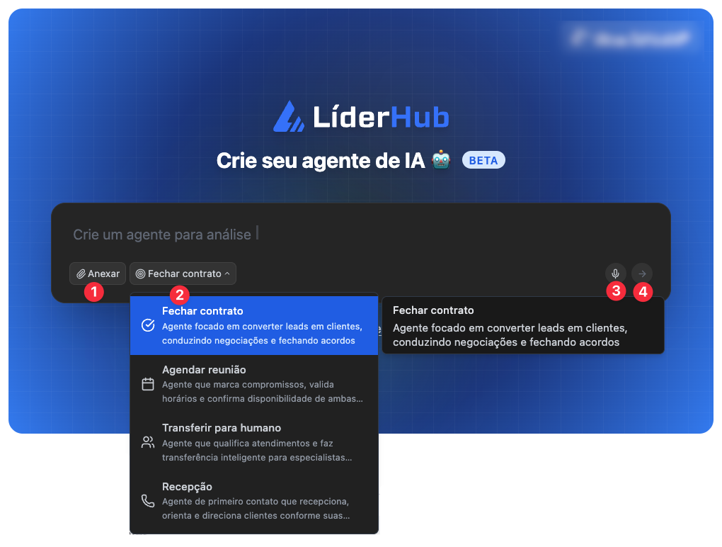 Tela de criação de agente de IA na LíderHub