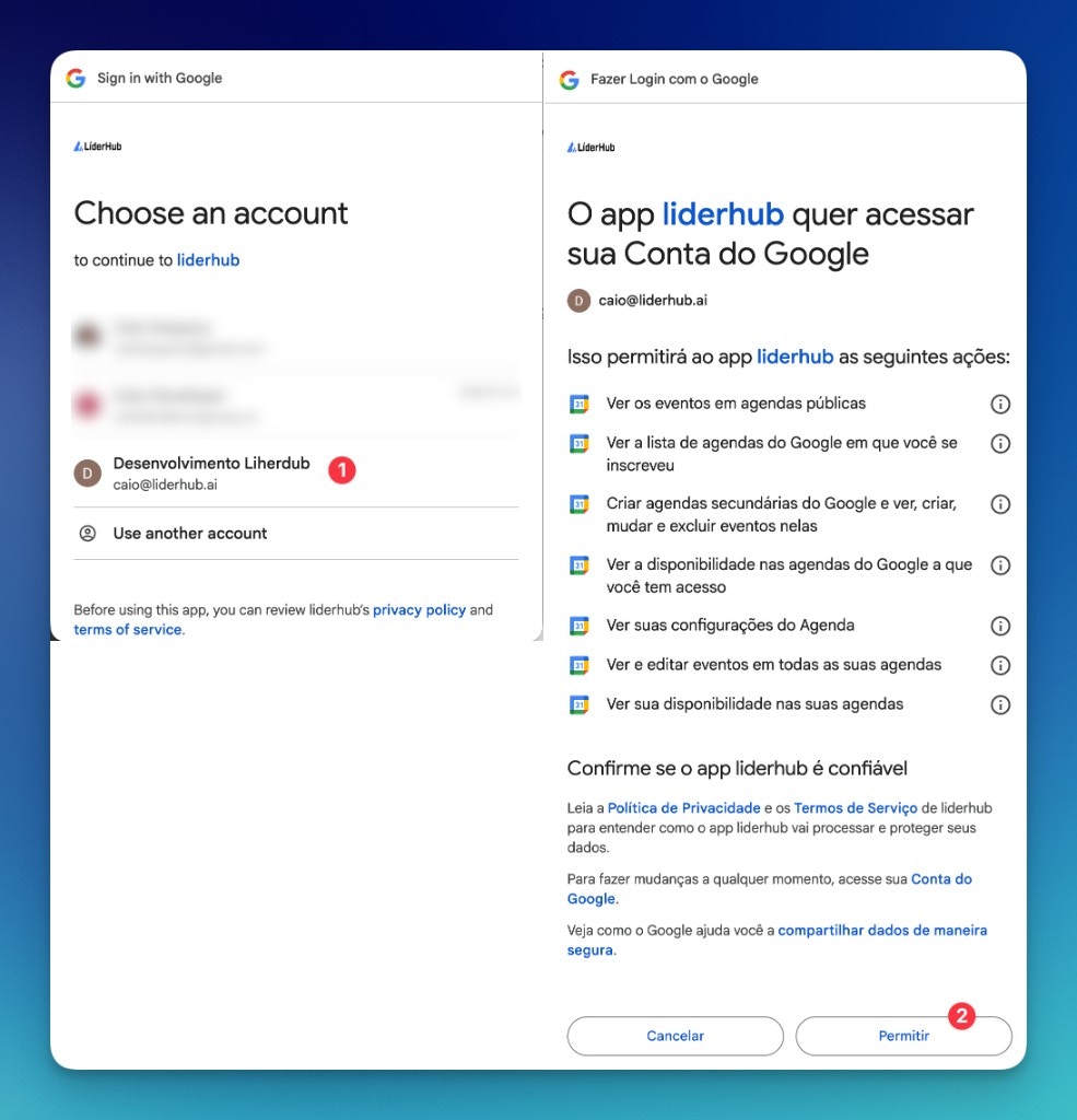 Telas de login Google e autorização de acesso para a LíderHub