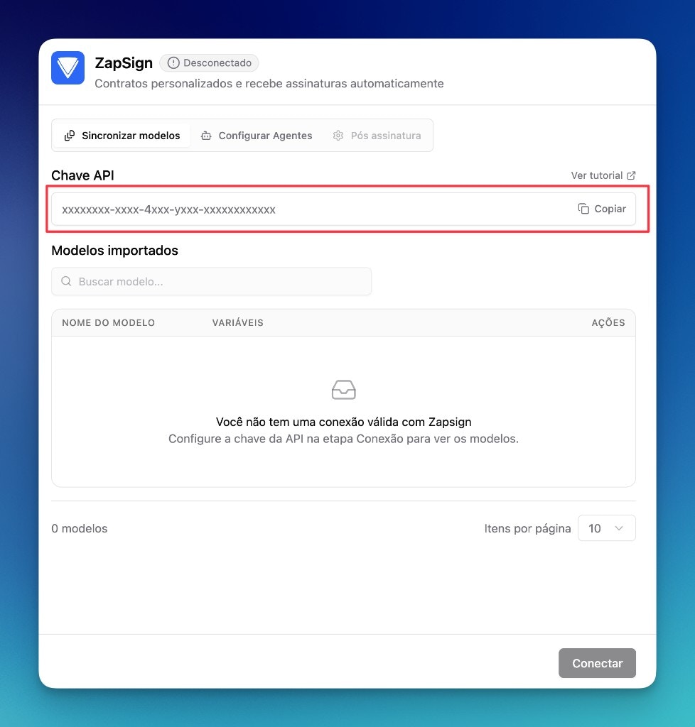 Tela da LíderHub para colar a chave API da ZapSign