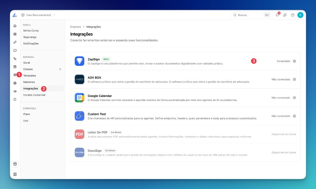 Tela de integrações da LíderHub com ZapSign conectado