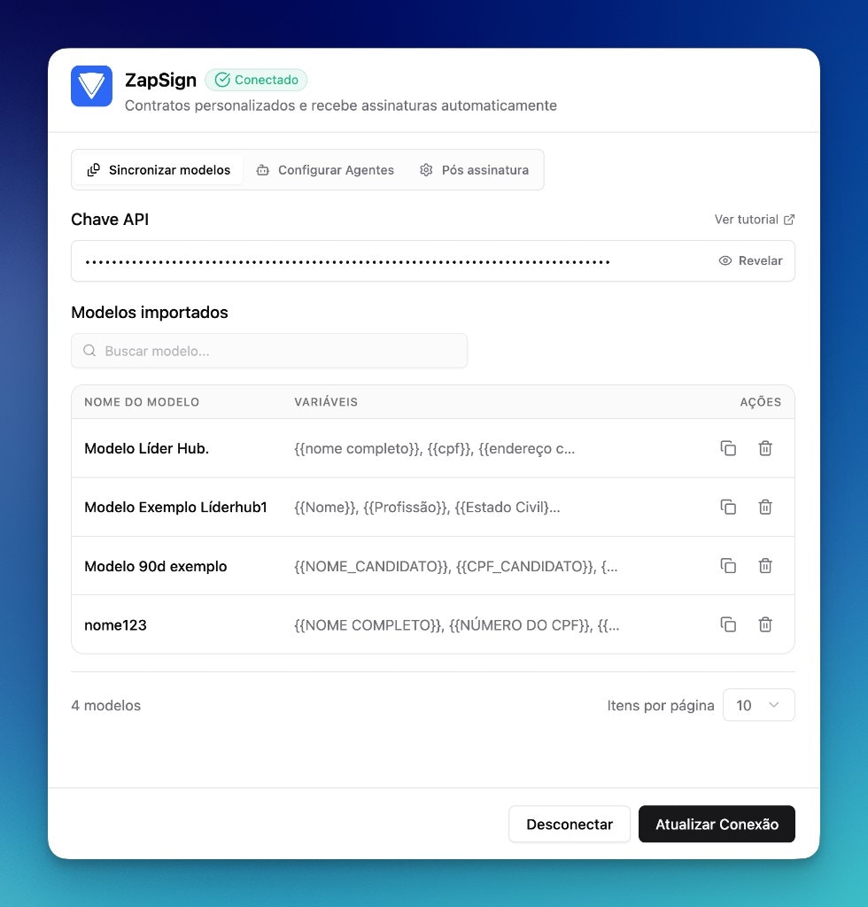 Lista de modelos de contrato importados da ZapSign na LíderHub