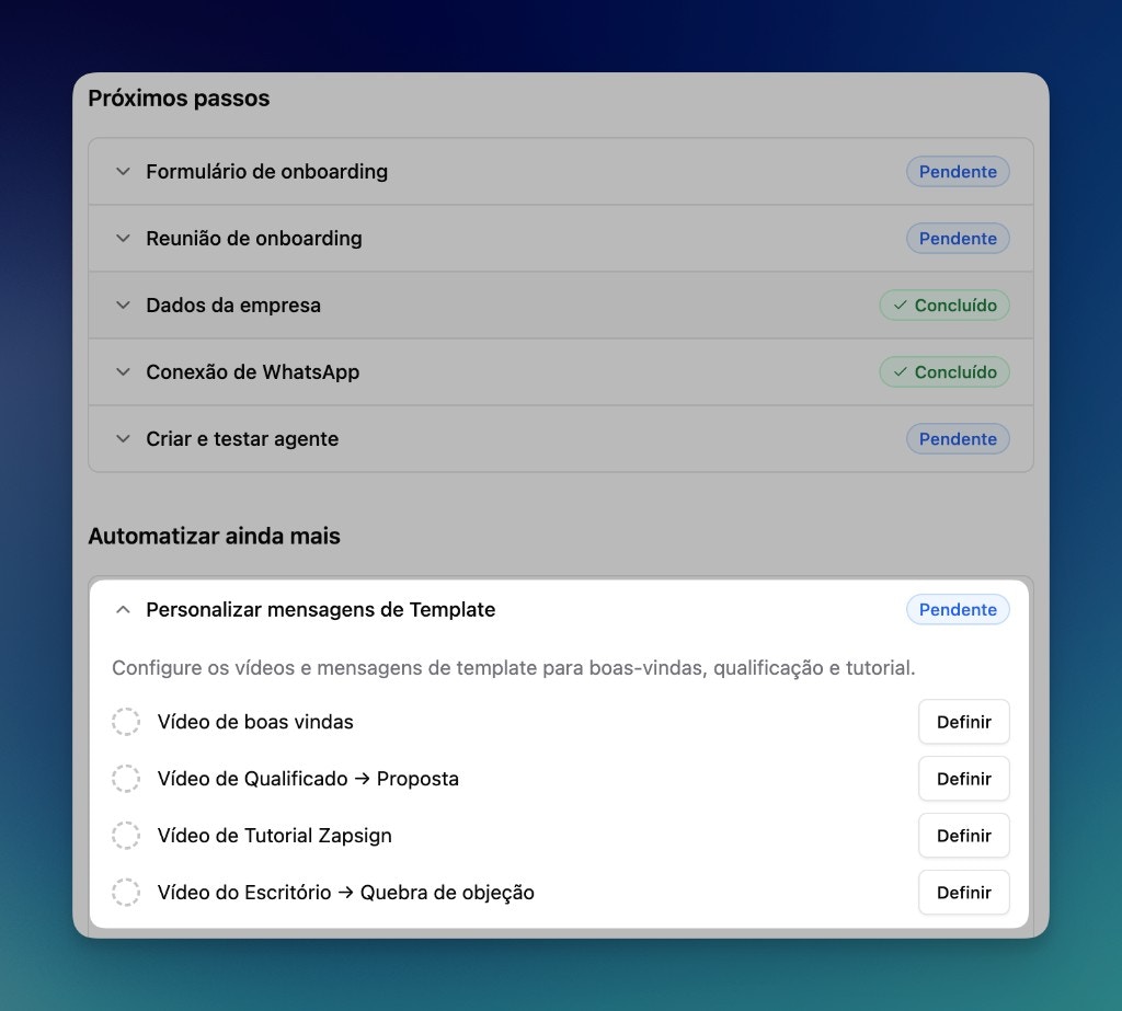 Tela de onboarding mostrando os vídeos pendentes para configuração