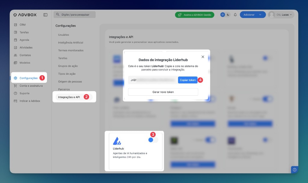 Tela da ADVBox: acessar Configurações, Integrações e API, e copiar token Liderhub