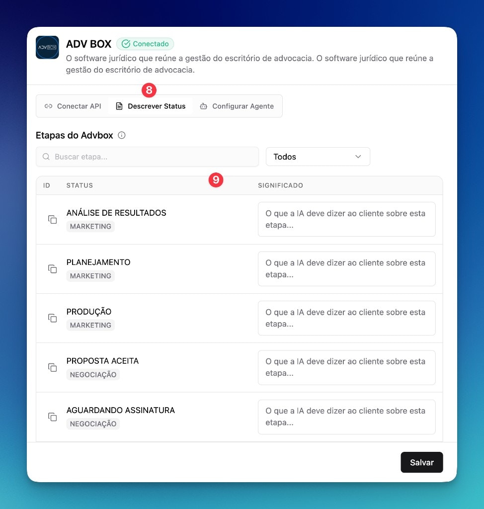 Tela Descrever Status na LíderHub: etapas do Advbox e campo Significado para cada status