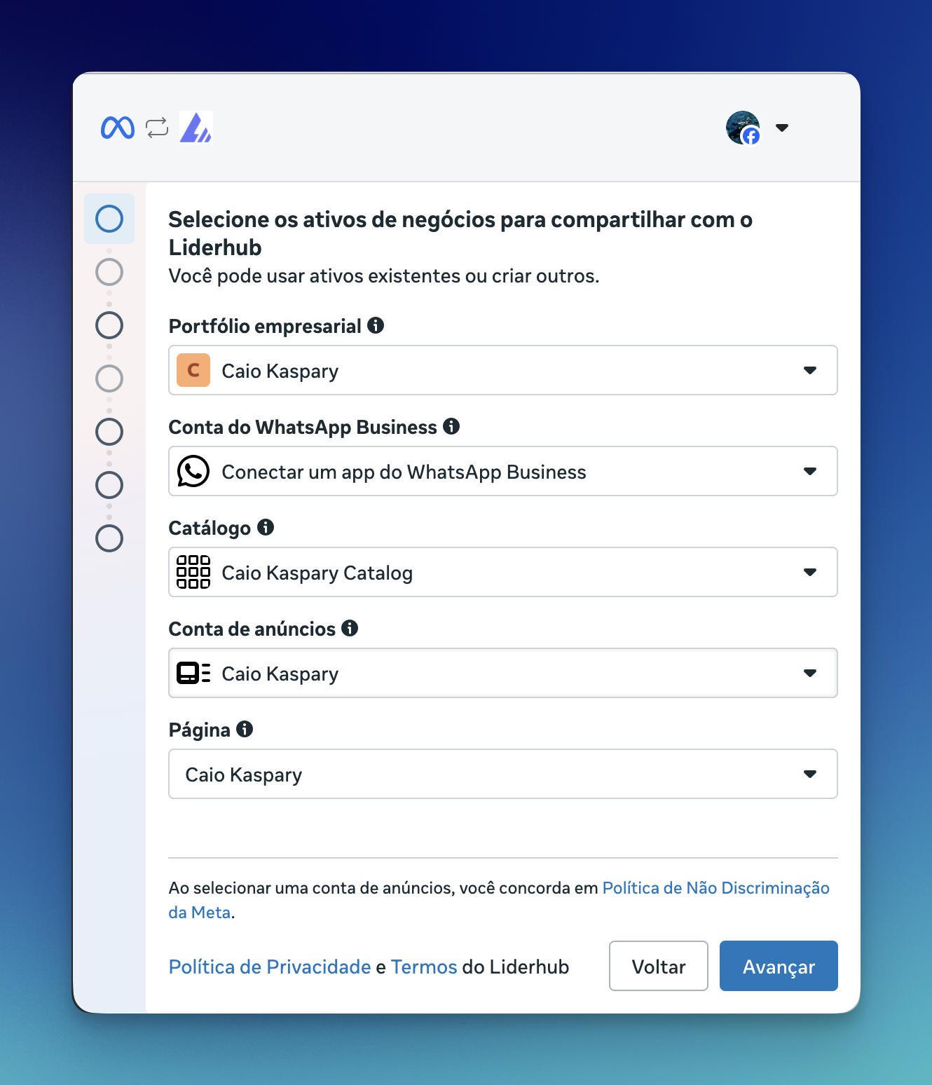 Seleção de ativos com Conectar app do WhatsApp Business