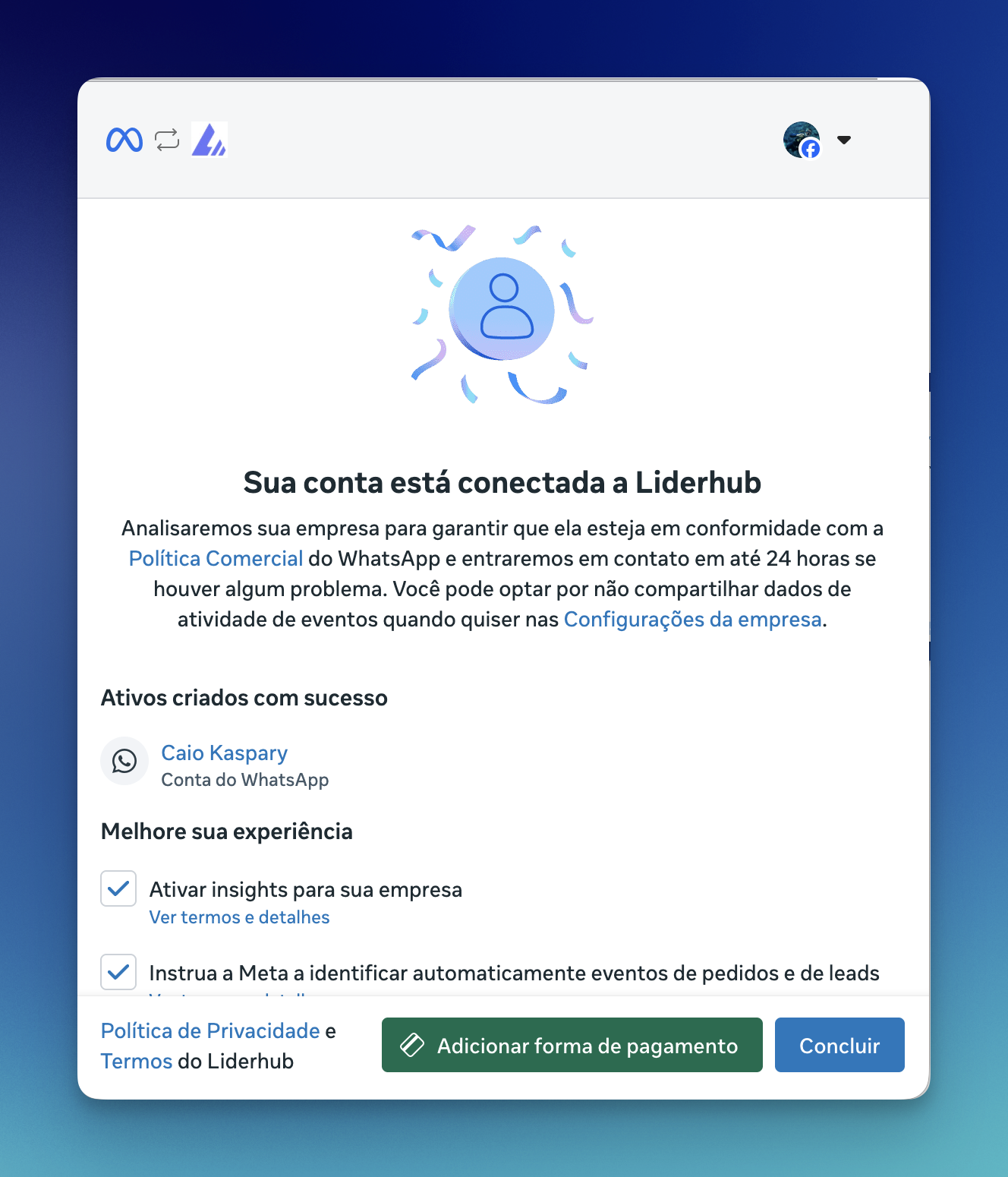Conta conectada com sucesso