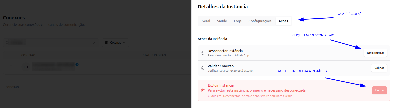Passos para desconectar e excluir a instância na aba Ações