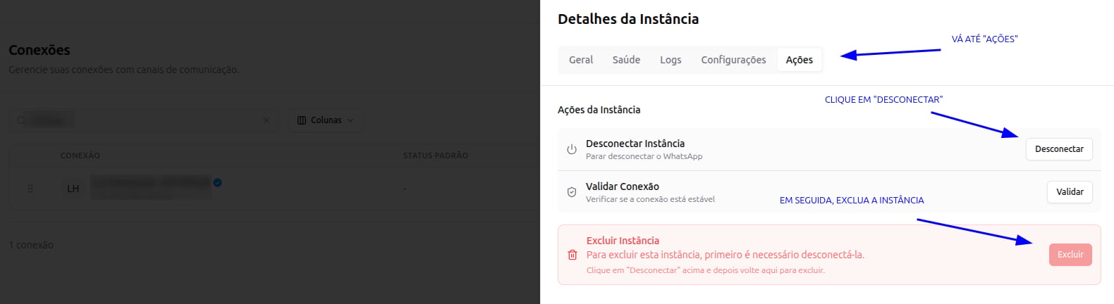 Passos para desconectar e excluir a instância na aba Ações