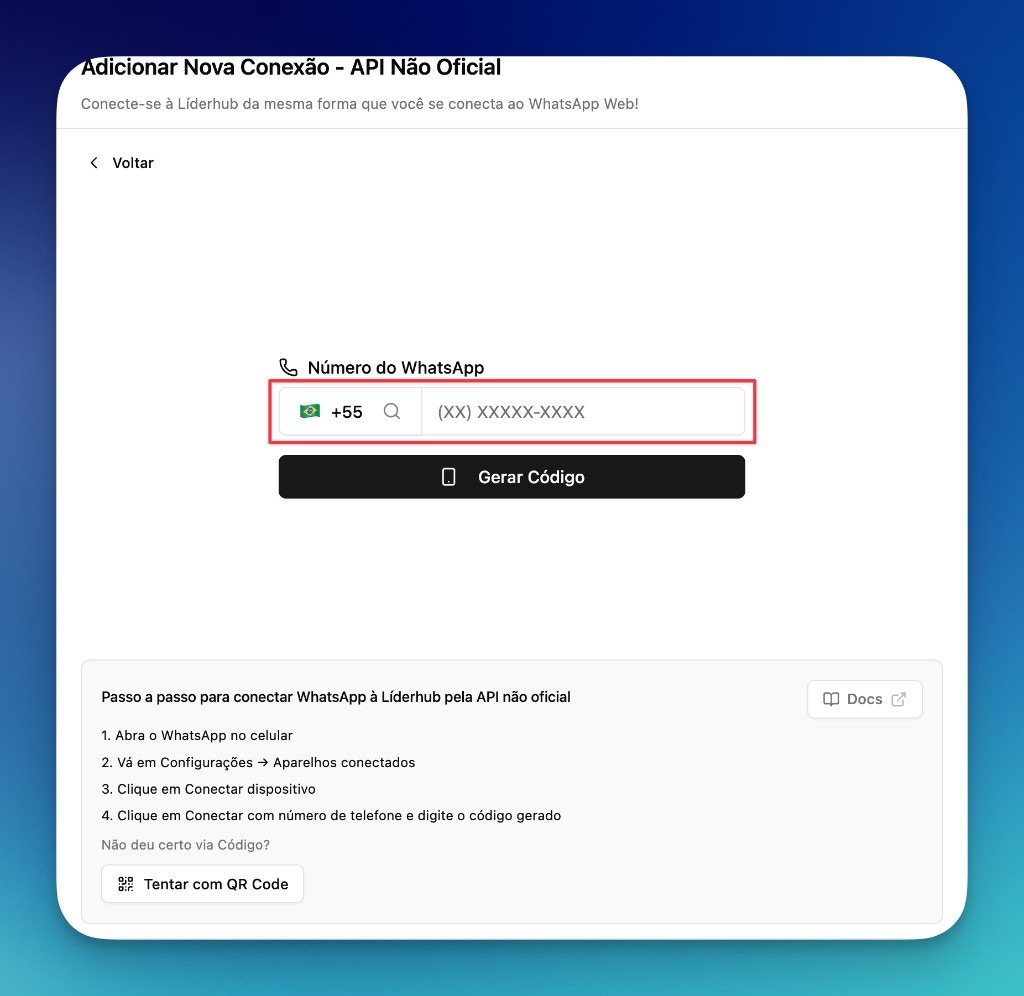 Tela de conexão via código digital na LíderHub