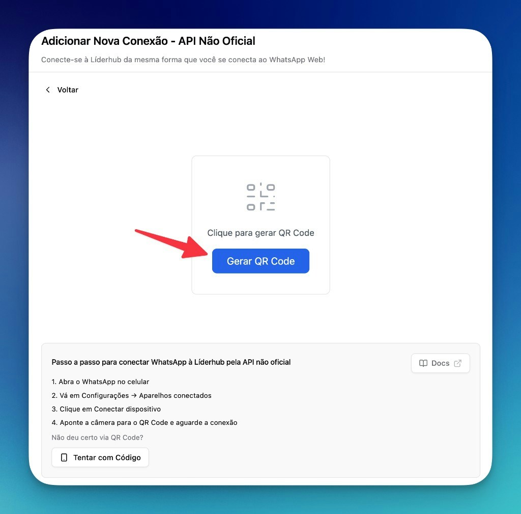 Tela de conexão via QR Code na LíderHub
