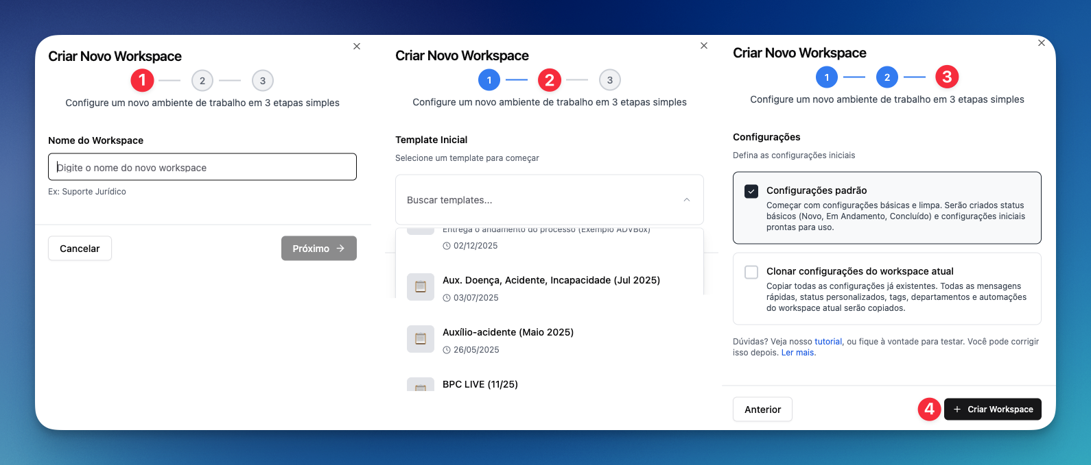 Etapas de criação de novo workspace na LíderHub