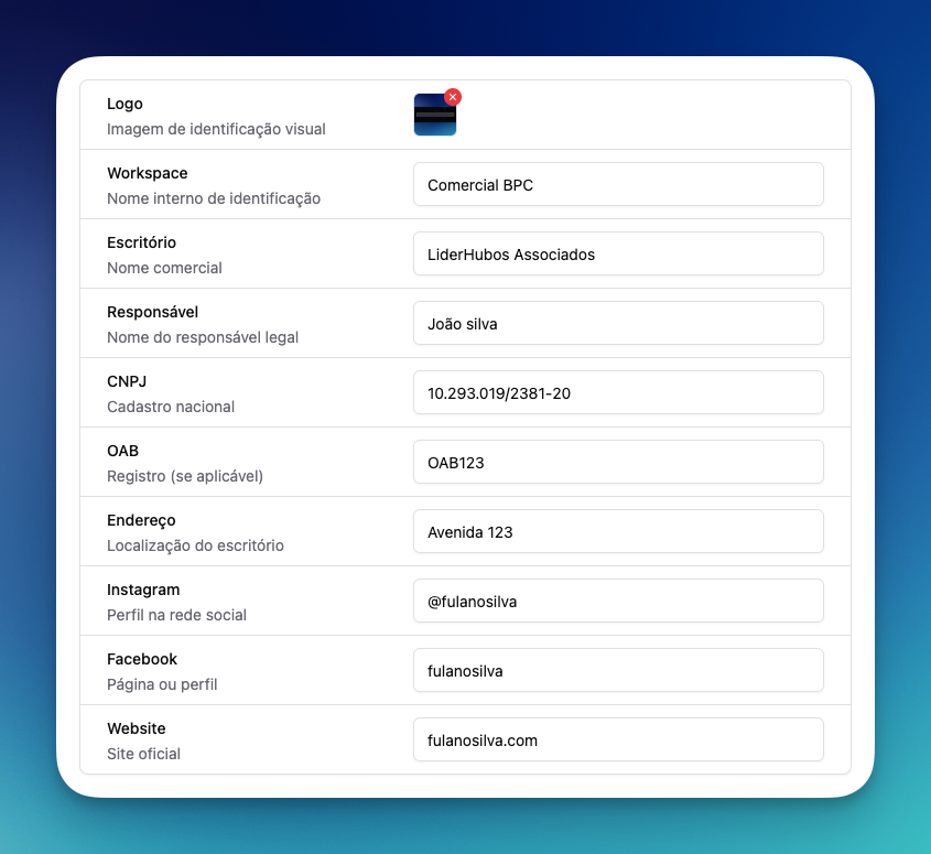 Formulário de dados da empresa: logo, workspace, escritório, responsável, CNPJ, OAB, endereço, Instagram, Facebook e website