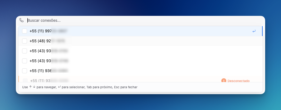 Seleção de conexões WhatsApp na LíderHub
