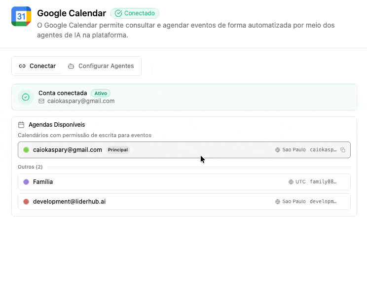 Integração Google Calendar: Conectado, Conectar, Configurar Agentes, conta conectada e agendas disponíveis