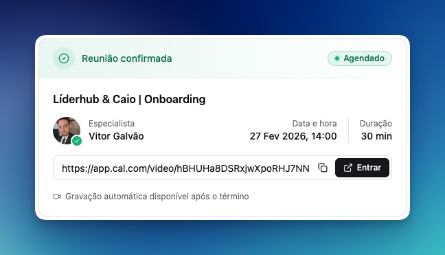 Reunião confirmada e agendada: card com especialista, data e hora, link de vídeo e botão Entrar